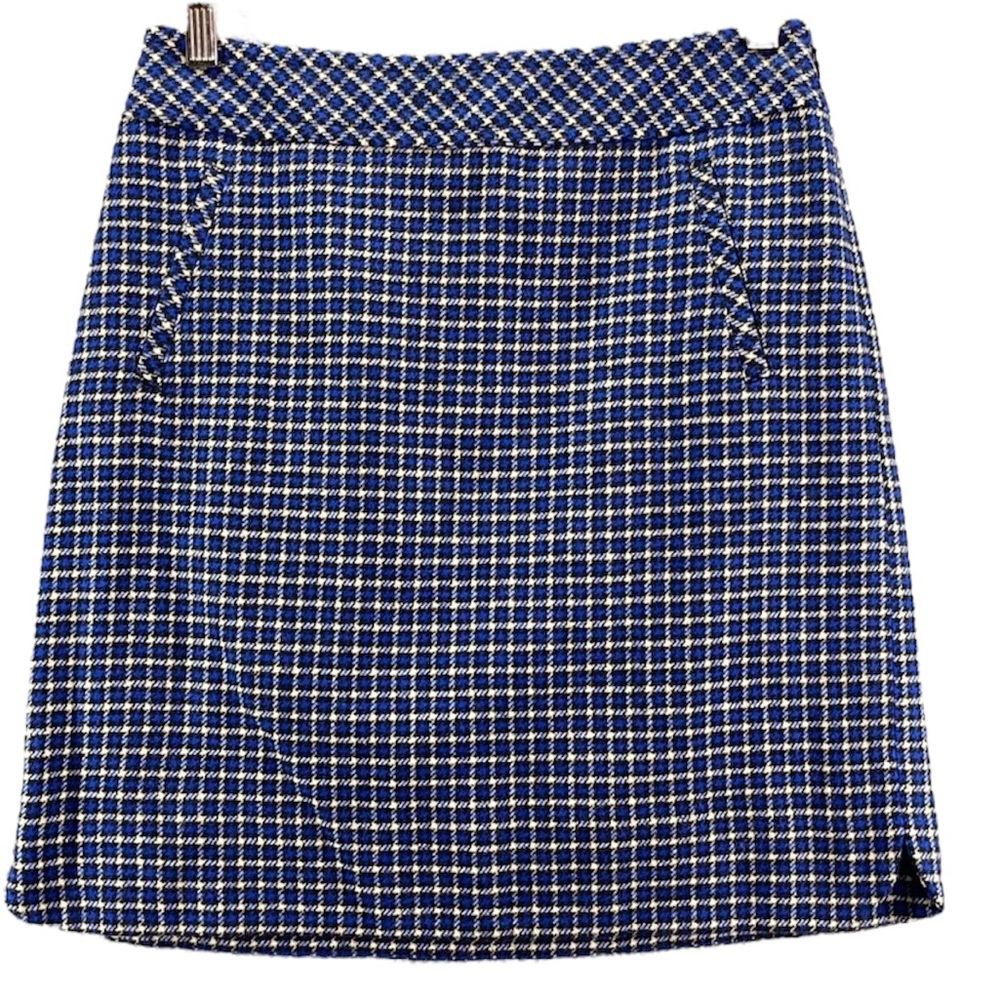 Talbots Skirt Womens Size 14 Blue Black Wool Plaid Houndstooth Preppy Fall Skirt